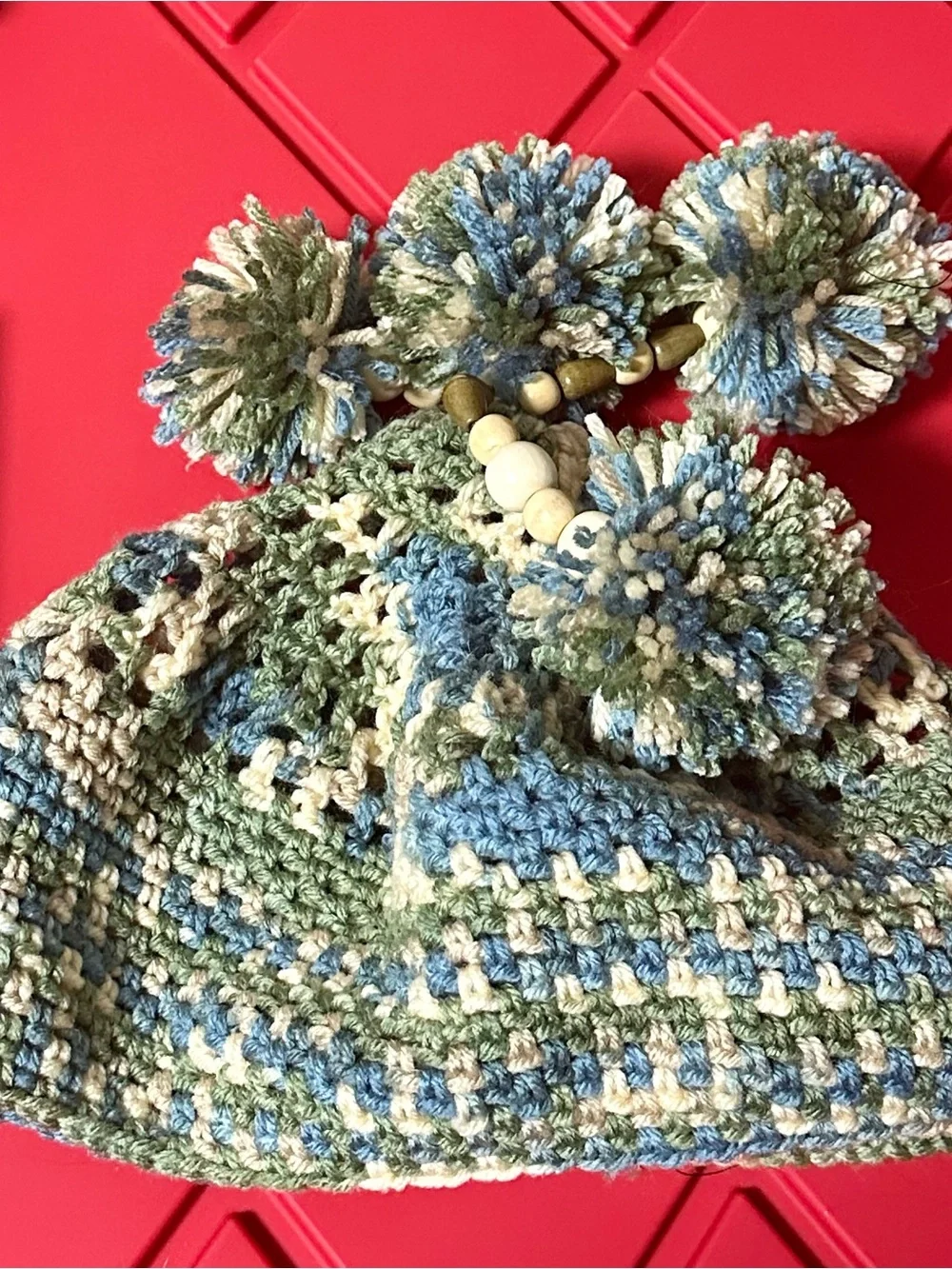 One-of-a-Kind Handcrafted Hippie Crochet Pom-Pom Hat Boho Beanie Wood Beads